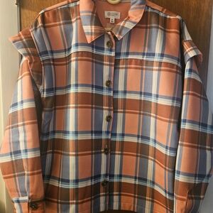 Candace Cameron Bure Coral & Cream Plaid Shirt Jacket